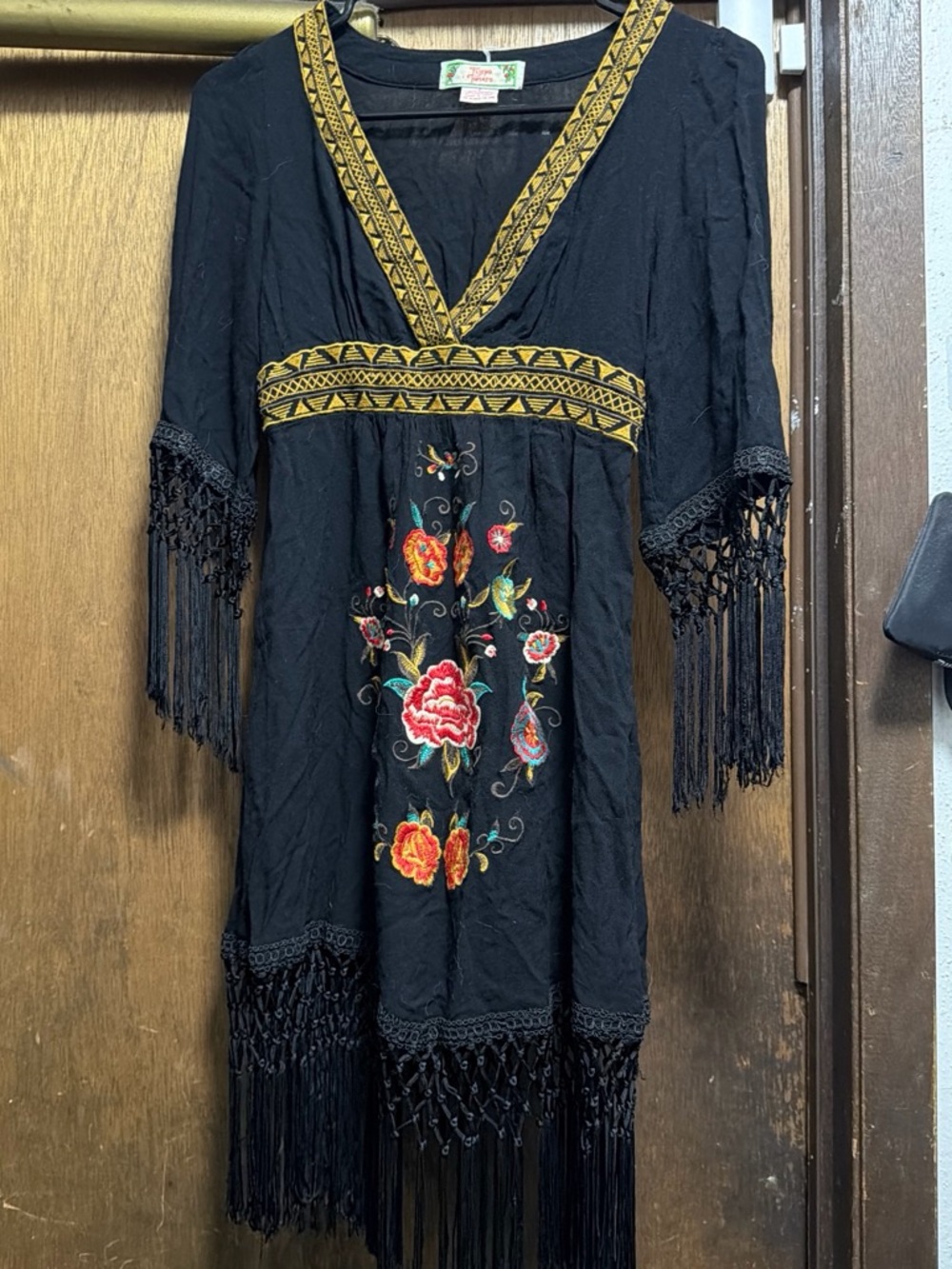 Flying Tomato Black Mini Dress with Gold Trim and Multicolor Floral Embroidery